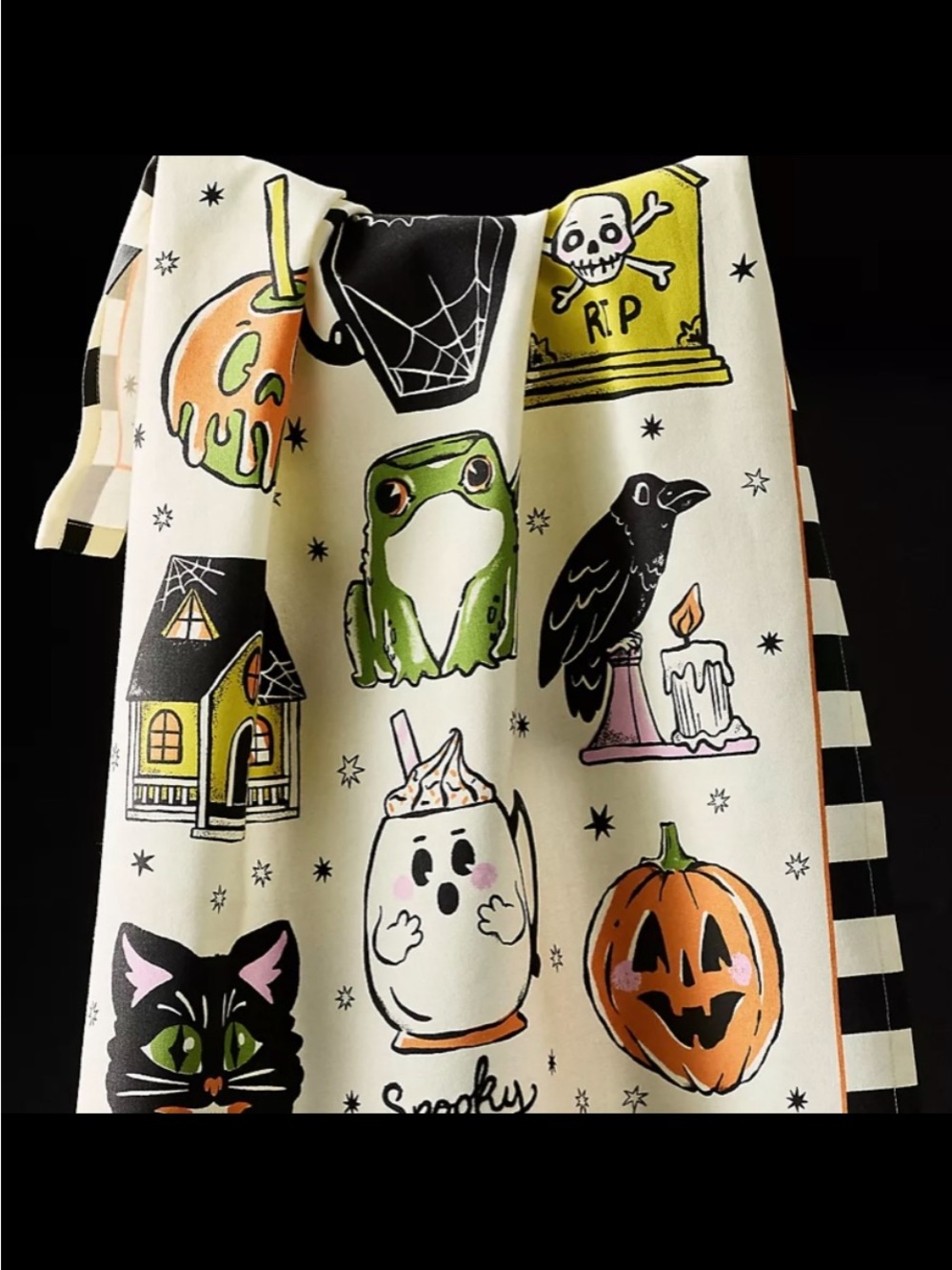 Halloween Dish Towel with Pumpkin, Frog & Ghost Print.